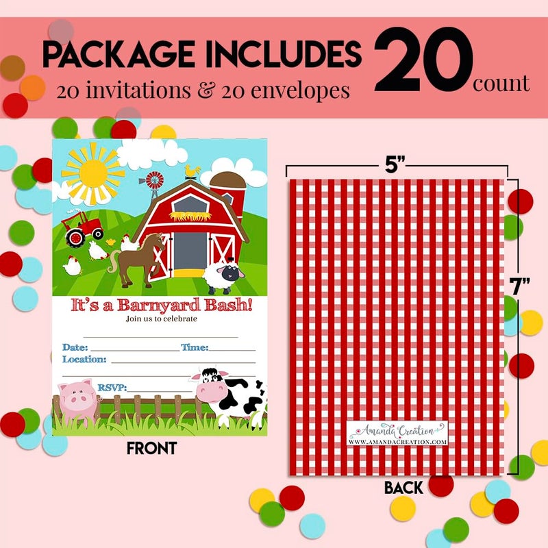 Amanda Creation Barnyard Bash Farm and Barn Themed Birthday Party Invitations, 20 5x7 Fill In Cards with Twenty White Envelopes by AmandaCreation - Image 5